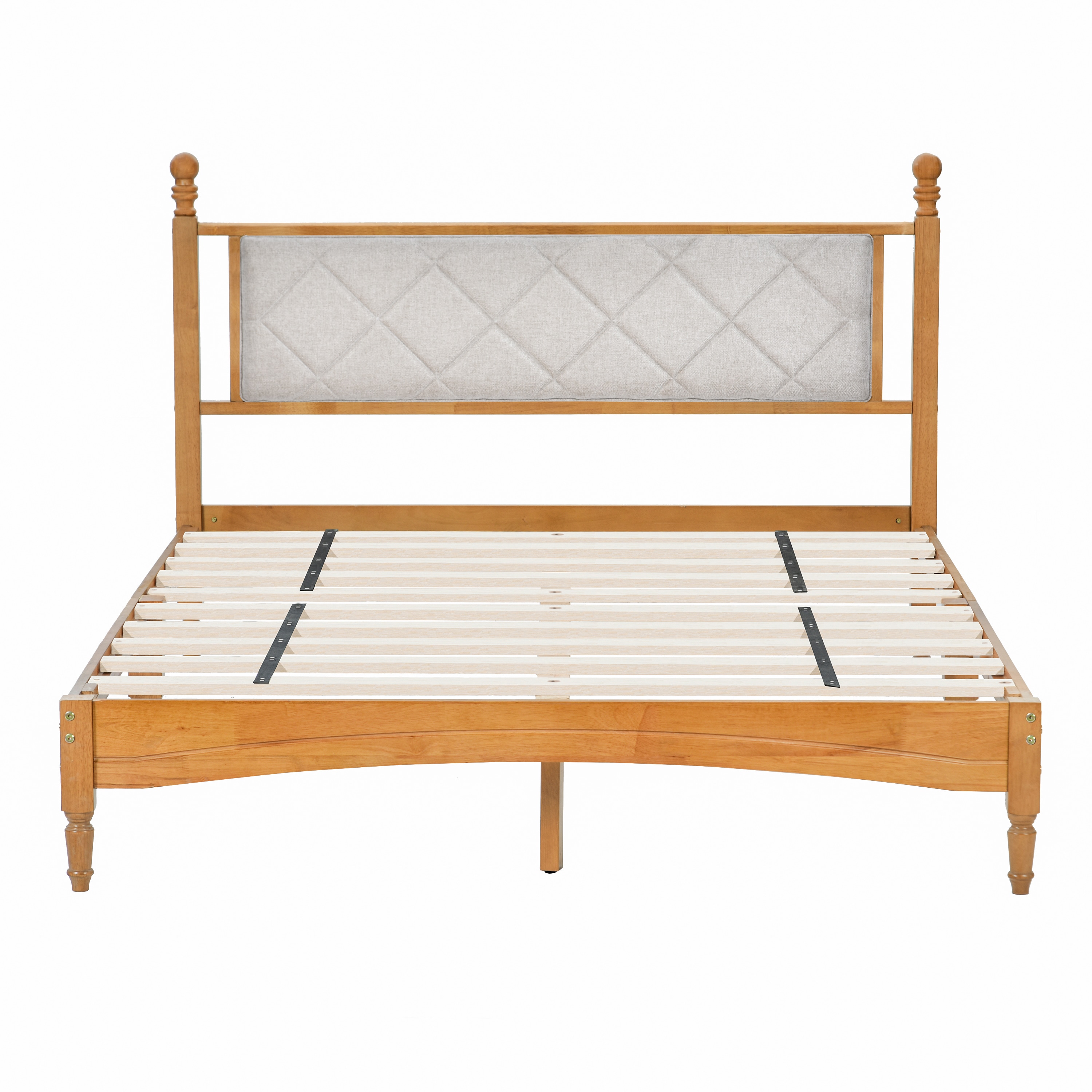 Wood Bed Frame with Fabric Upholstered Headboard, Solid Rubber Wood with Wood Central Supports, 1000 Lb Capacity, Easy Assembly, No Box Spring Needed, Full - Rustic Oak Wood Bed Frame with Fabric Upholstered Headboard, Solid Rubber Wood with Wood Central Supports, 1000 Lb Capacity, Easy Assembly, No Box Spring Needed, Full - Rustic Oak